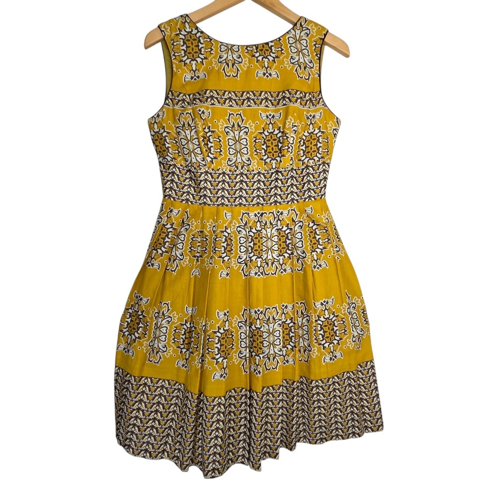 NEW TS Womens Mustard Yellow Pleated‎ Fit & Flare Medallion Dress Size 12 Boho
